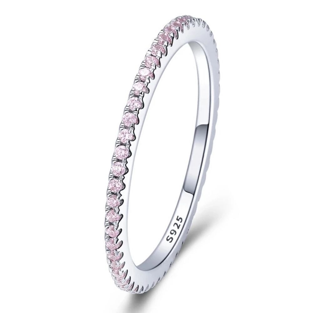 Platinum Plated 925 Sterling Silver Pink Wedding Band Ring